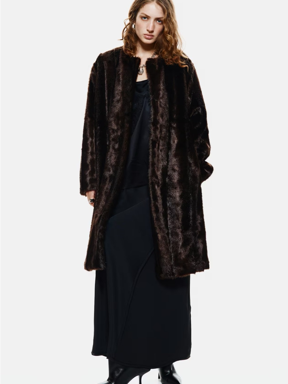 H&M Long Dark Brown Faux Fur Coat